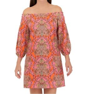 Vince Camuto pink orange paisley linen rayon blend off the shoulder mini dress